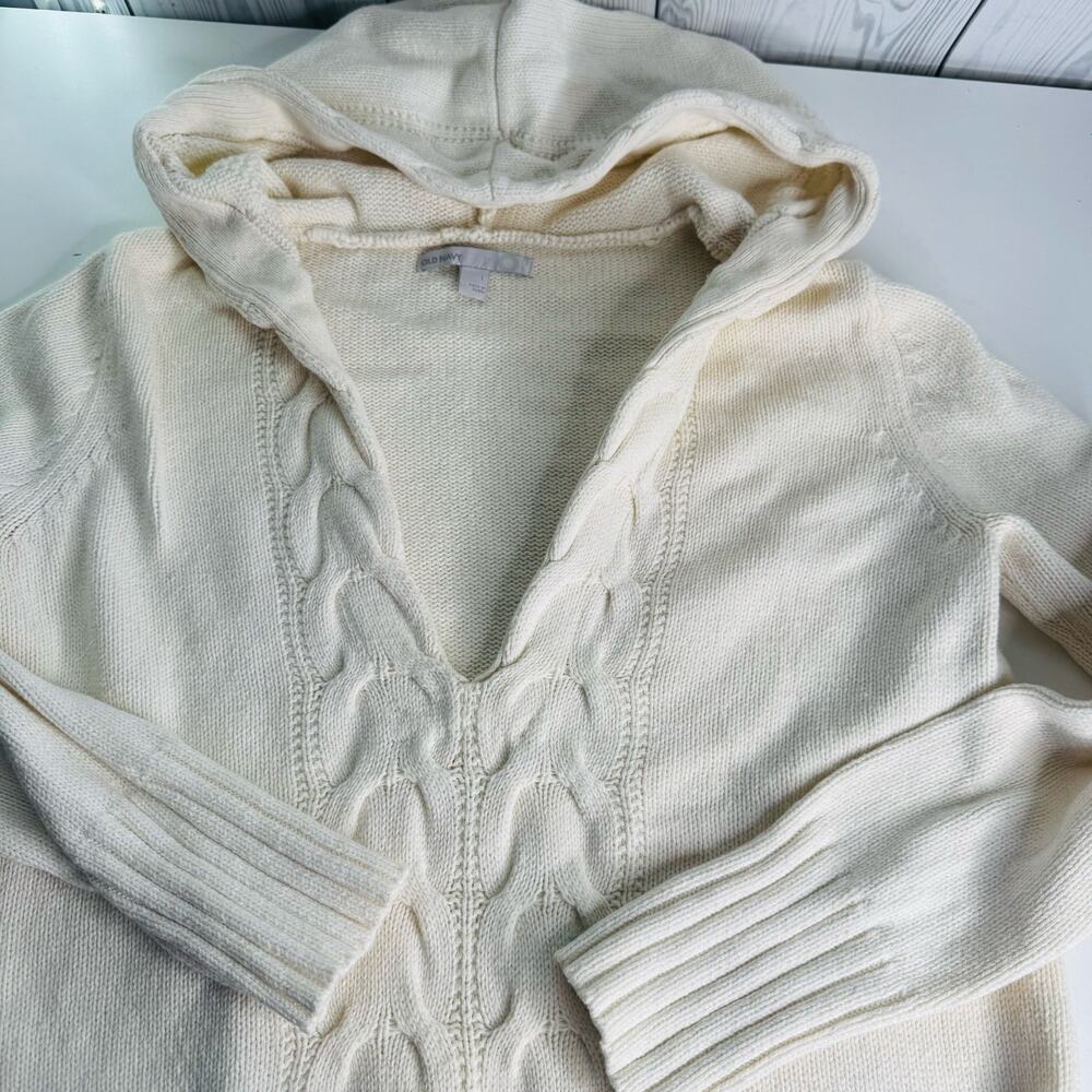Y2K Old Navy Ivory Cotton Blend Cable knit Long Hooded  Cardigan  Size Large